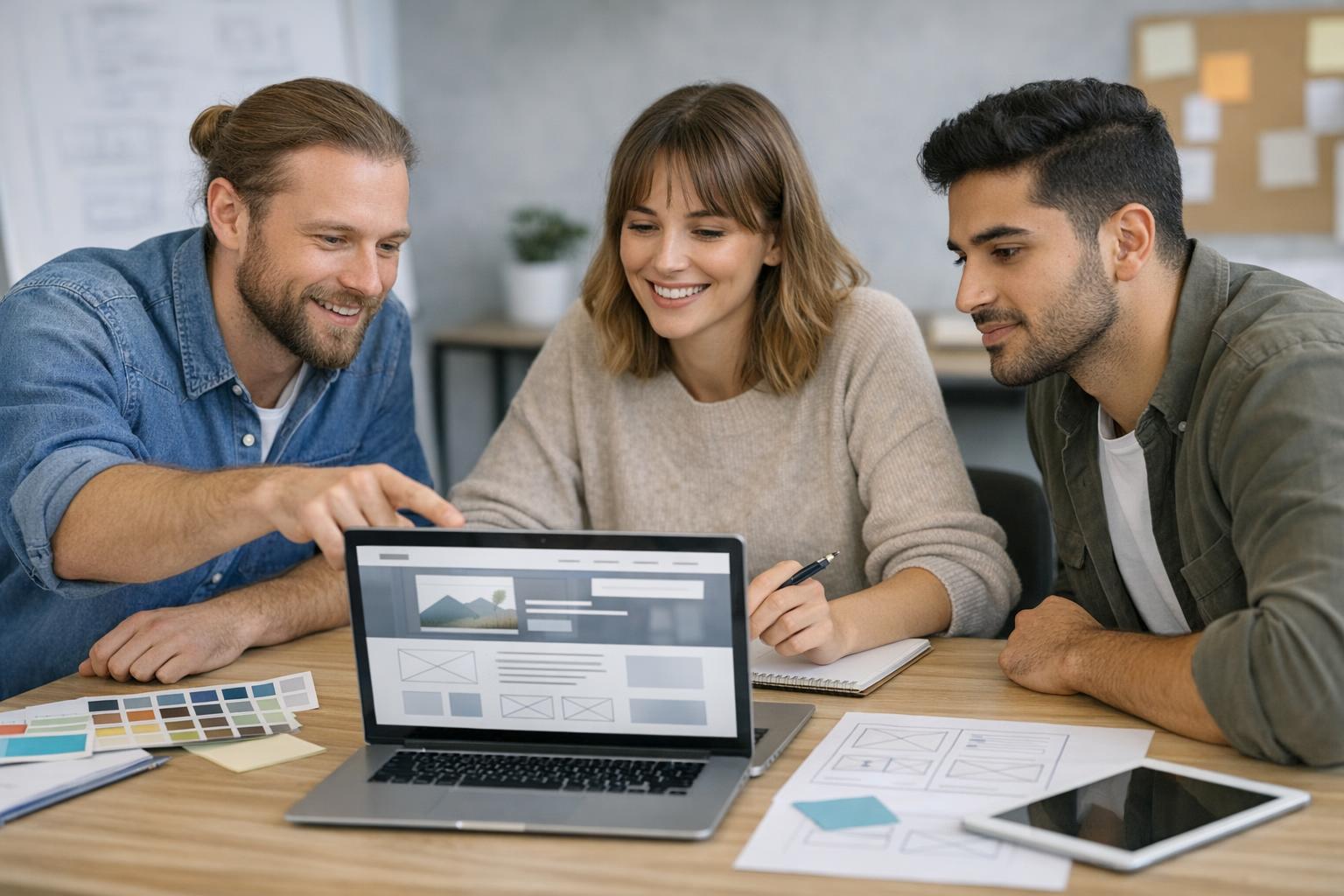 Zdjęcie: zespół projektujący stronę na laptopie