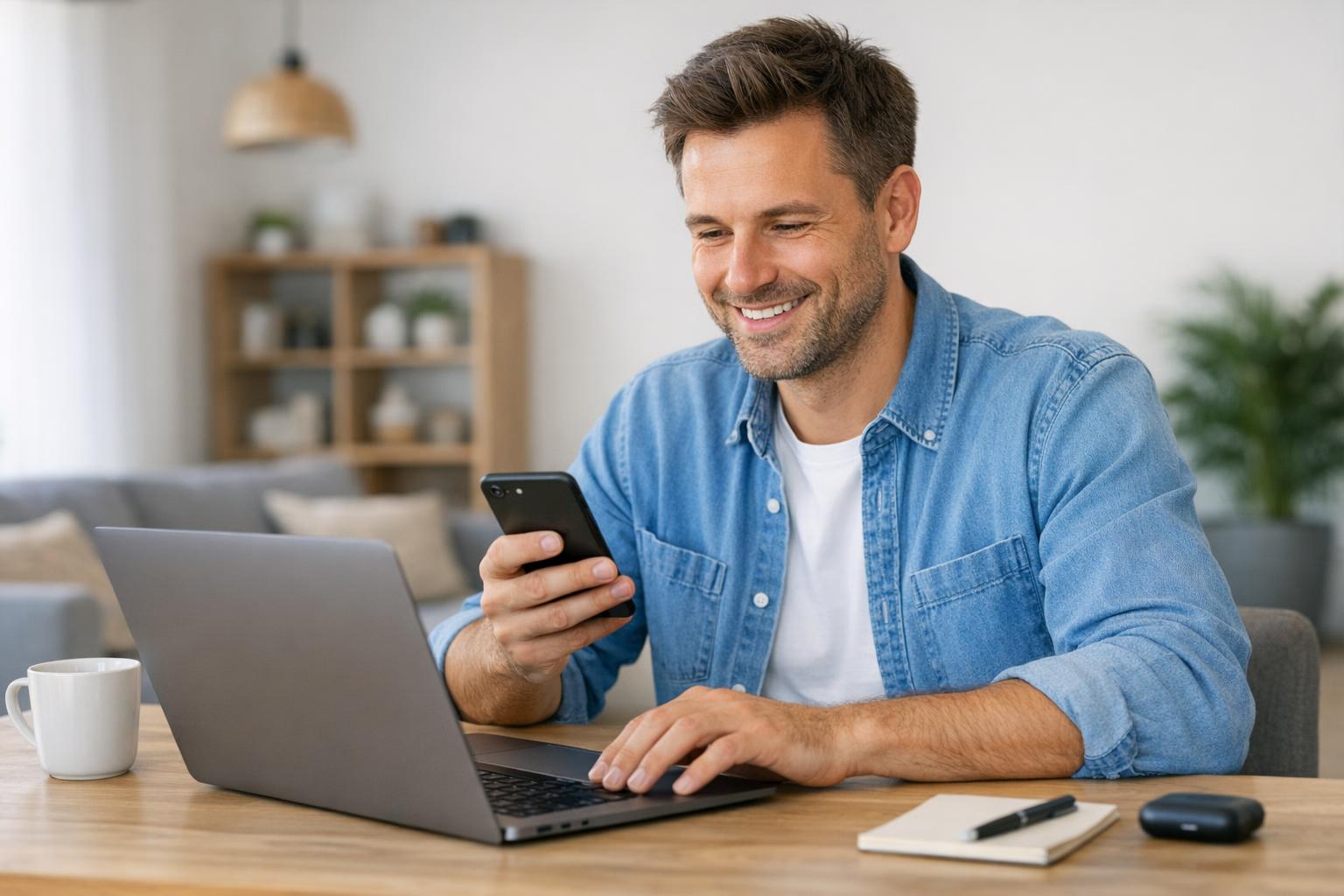 zadowolony klient testuje stronę na smartfonie i laptopie